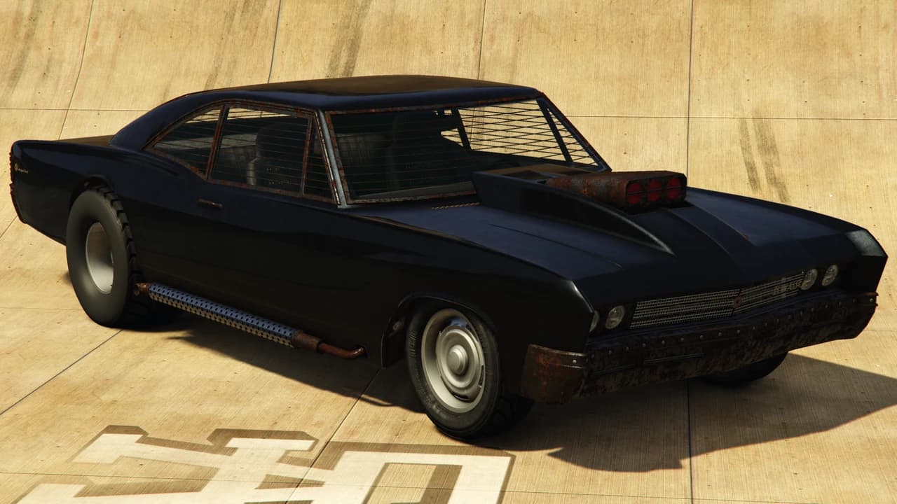A black Declasse Apocalypse Impaler with a roof-height supercharger and mesh window guards, front three-quarter view.