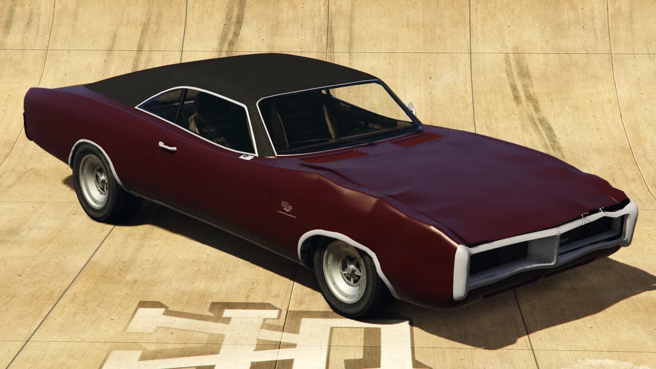A dark red Imponte Beater Dukes with a black vinyl roof and a creased bonnet, front three-quarter view.
