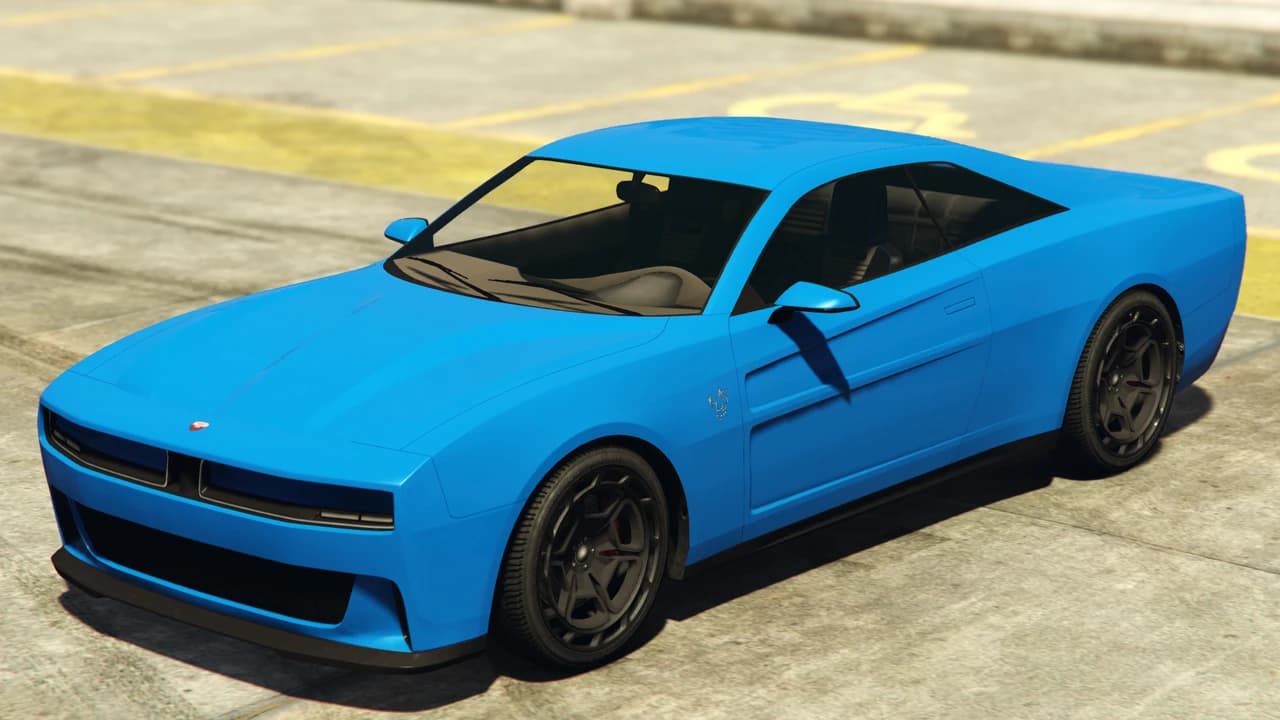 A blue Bravado Buffalo EVX coupe, front three-quarter view.