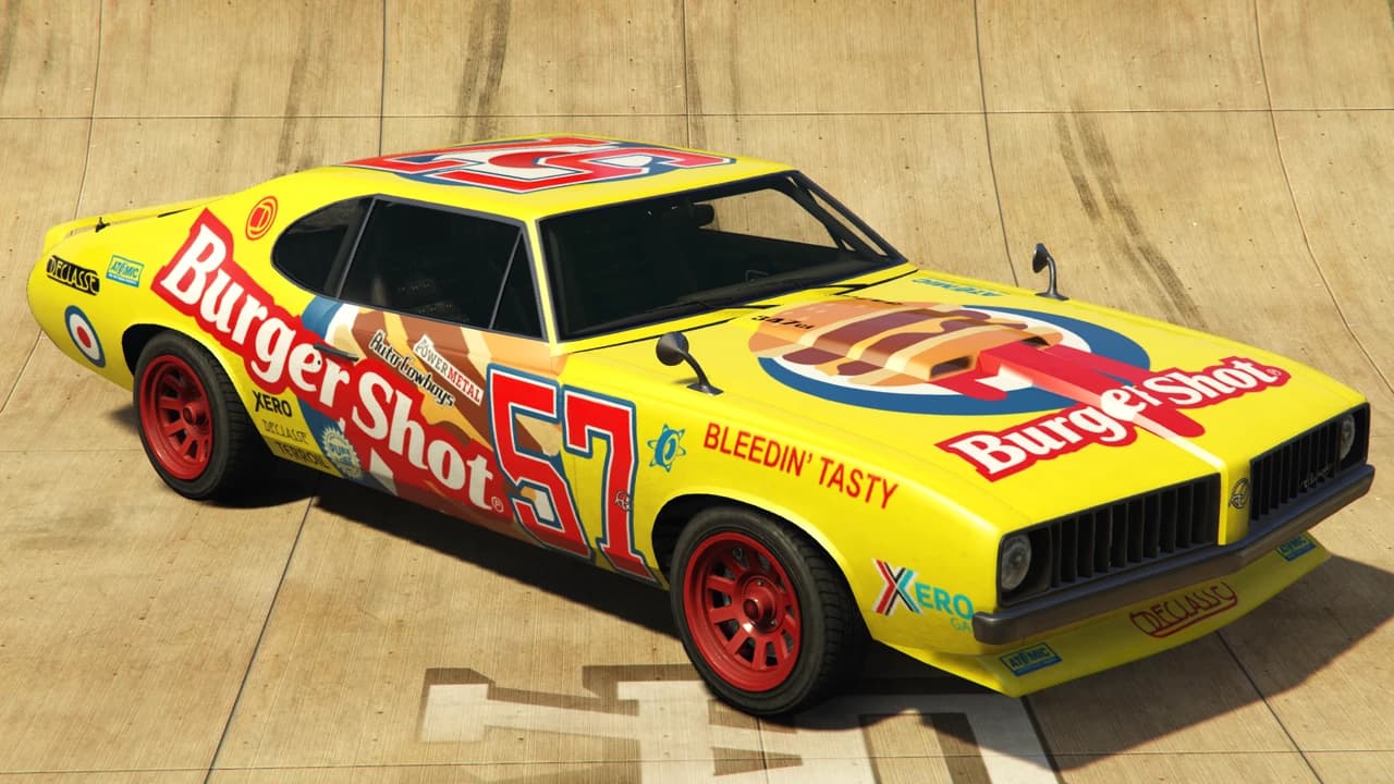 A Declasse Burger Shot Stallion in yellow Burger Shot race livery with the number 57, front three-quarter view.