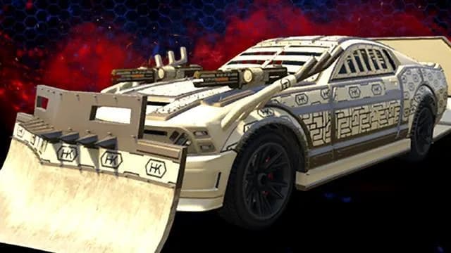 The Vapid Future Shock Dominator, a white and gold patterned arena muscle car with roof guns and a front plough, against a dark red background, in GTA Online.
