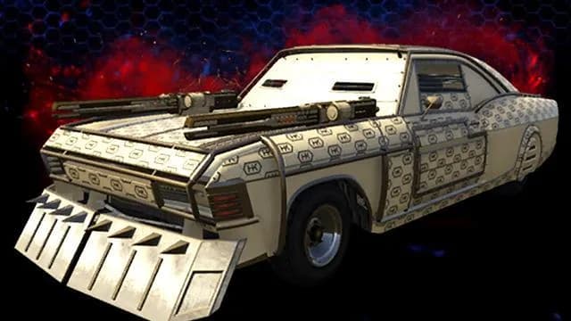 The Declasse Future Shock Impaler, a white and gold patterned arena muscle car with bonnet guns and a spiked front blade, against a dark red background, in GTA Online.
