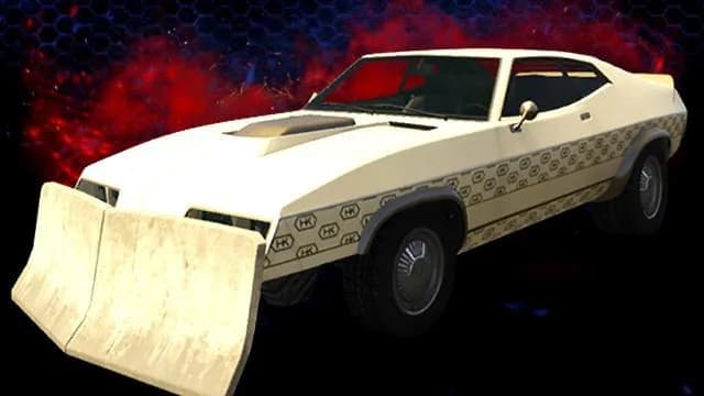 The Vapid Future Shock Imperator, a cream arena muscle car with patterned side panels and a front plough, against a dark red background, in GTA Online.