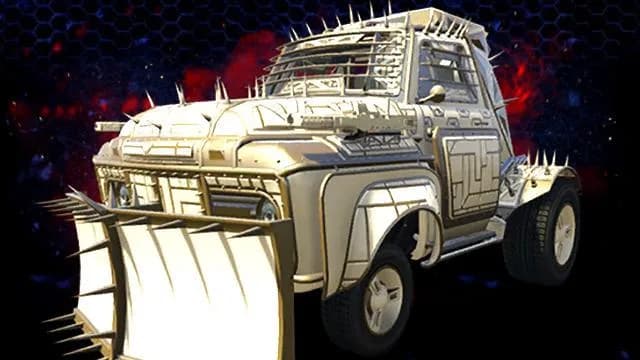 The Vapid Future Shock Slamvan, a white and gold spiked arena pickup with a front plough, against a dark red background, in GTA Online.