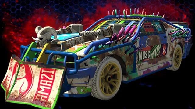 The Vapid Nightmare Dominator, an arena muscle car in graffiti livery with a ram-skull ornament and spikes, against a dark red background, in GTA Online.