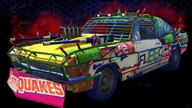The Declasse Nightmare Impaler, an arena muscle car in graffiti livery with a roof cage and front plough, against a dark red background, in GTA Online.