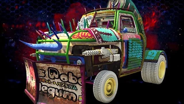 The Vapid Nightmare Slamvan, a spiked arena pickup in graffiti colours with a horned front, against a dark red background, in GTA Online.