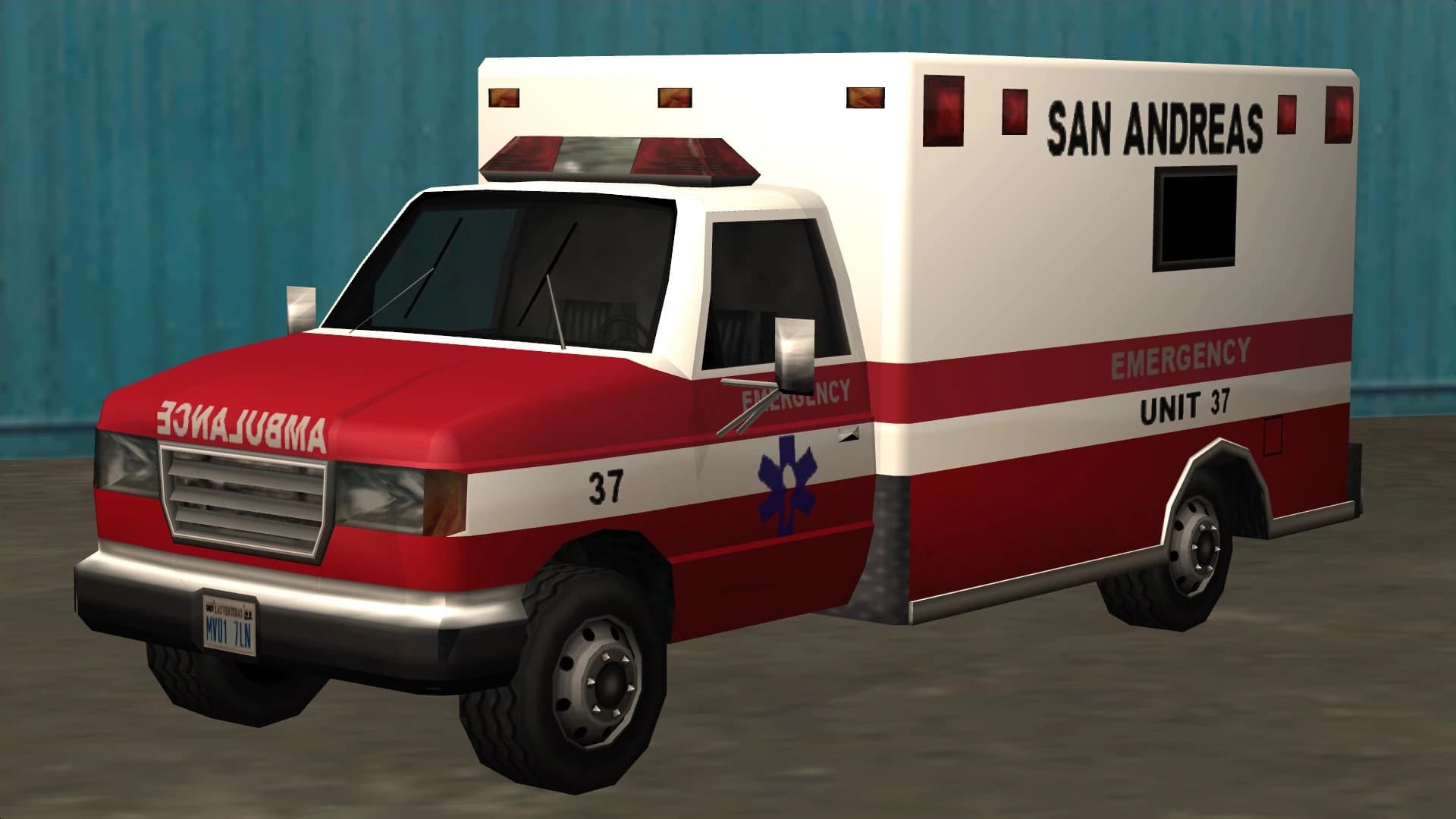 A San Andreas ambulance, a boxy white and red emergency van, front three-quarter view.