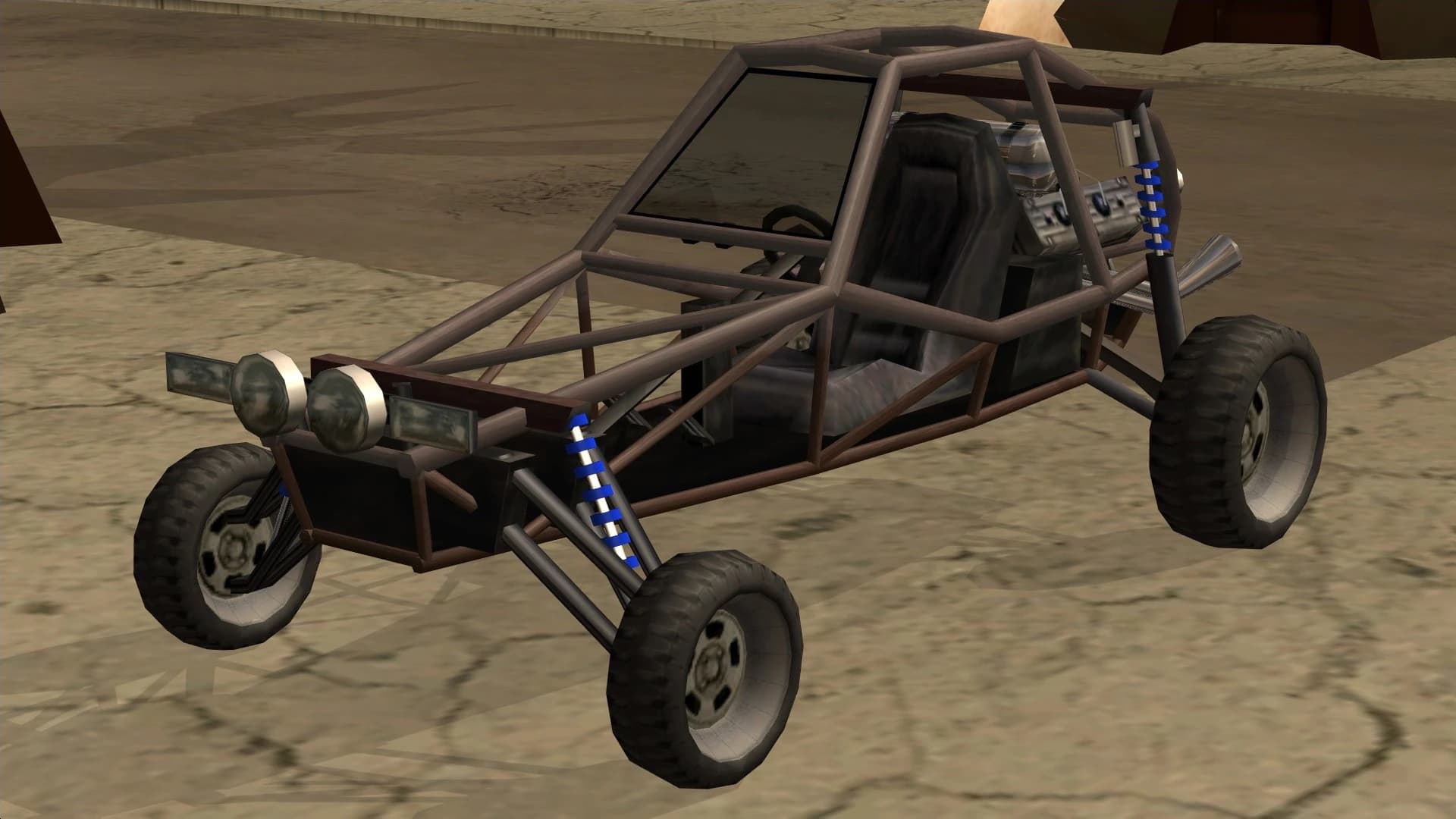 The Bandito, a stripped tubular-framed dune buggy, front three-quarter view.