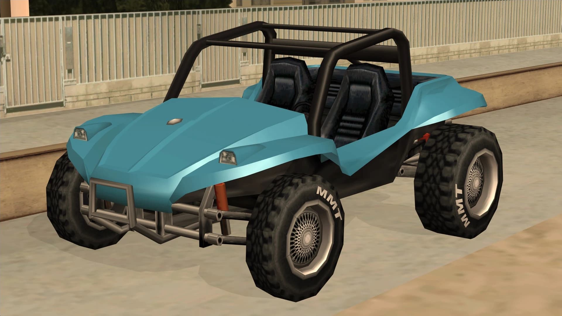 The BF Injection, an open-bodied beach buggy on knobbly tyres, front three-quarter view.