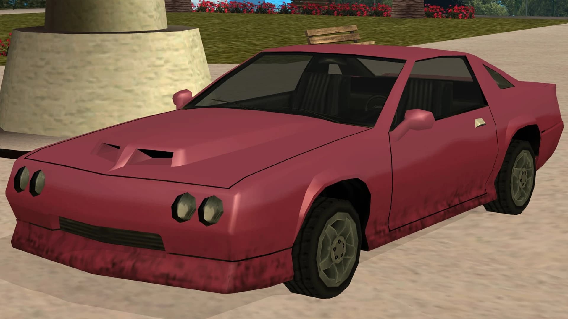 The Buffalo, a two-door muscle car with a bonnet scoop, front three-quarter view.