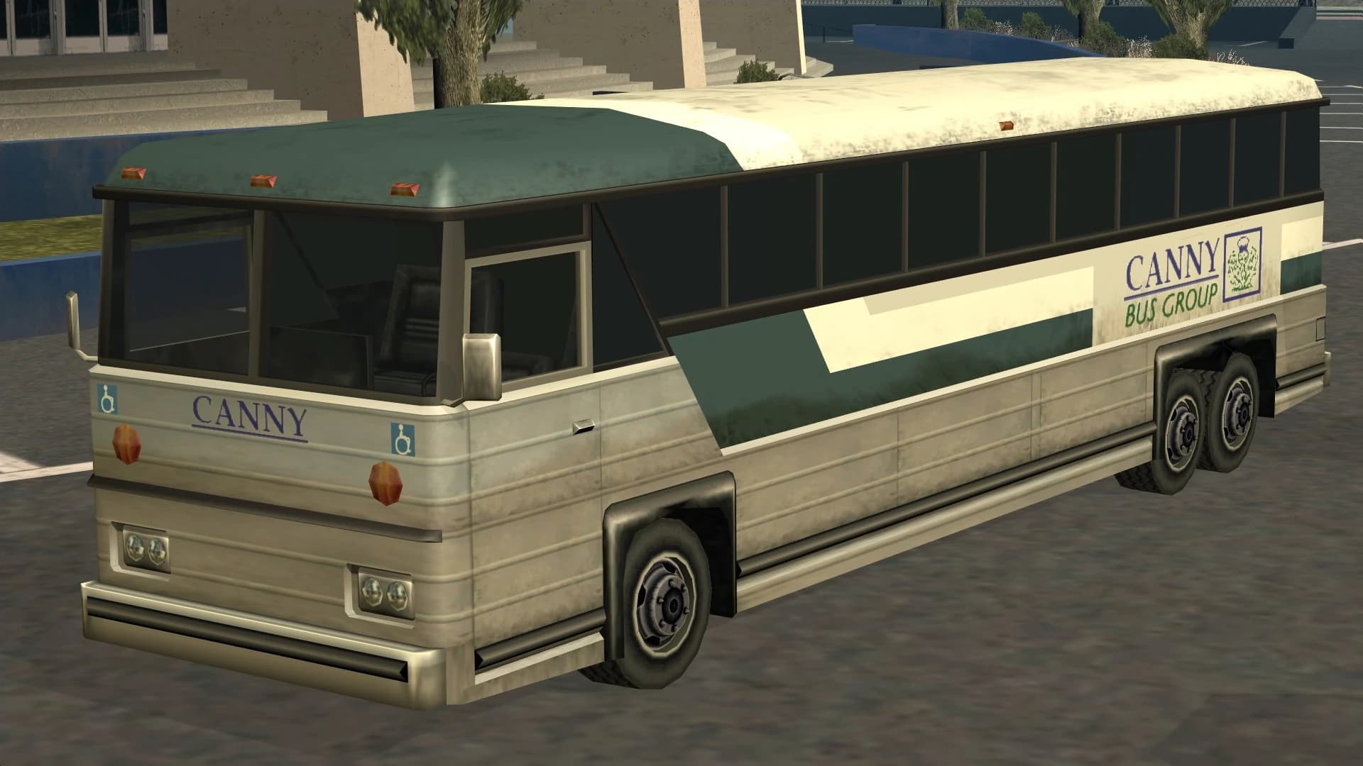 A San Andreas city bus, a long single-decker in service livery, front three-quarter view.