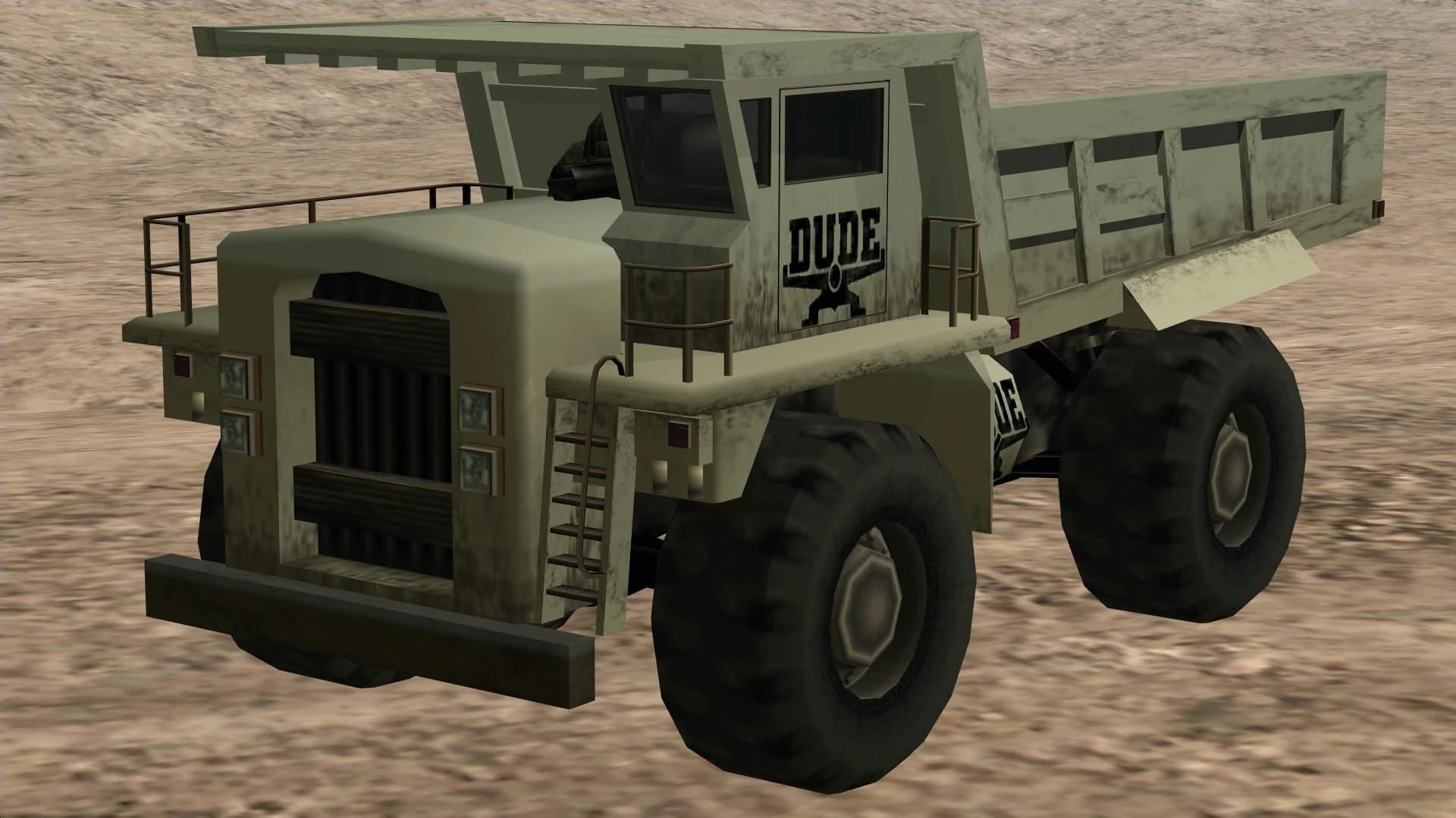 The Dumper, an outsized articulated quarry dump truck, front three-quarter view.