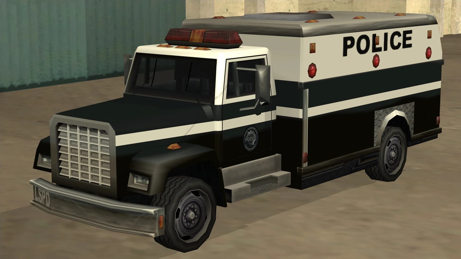 The Enforcer, an armoured police riot van in San Andreas Police Department livery, front three-quarter view.