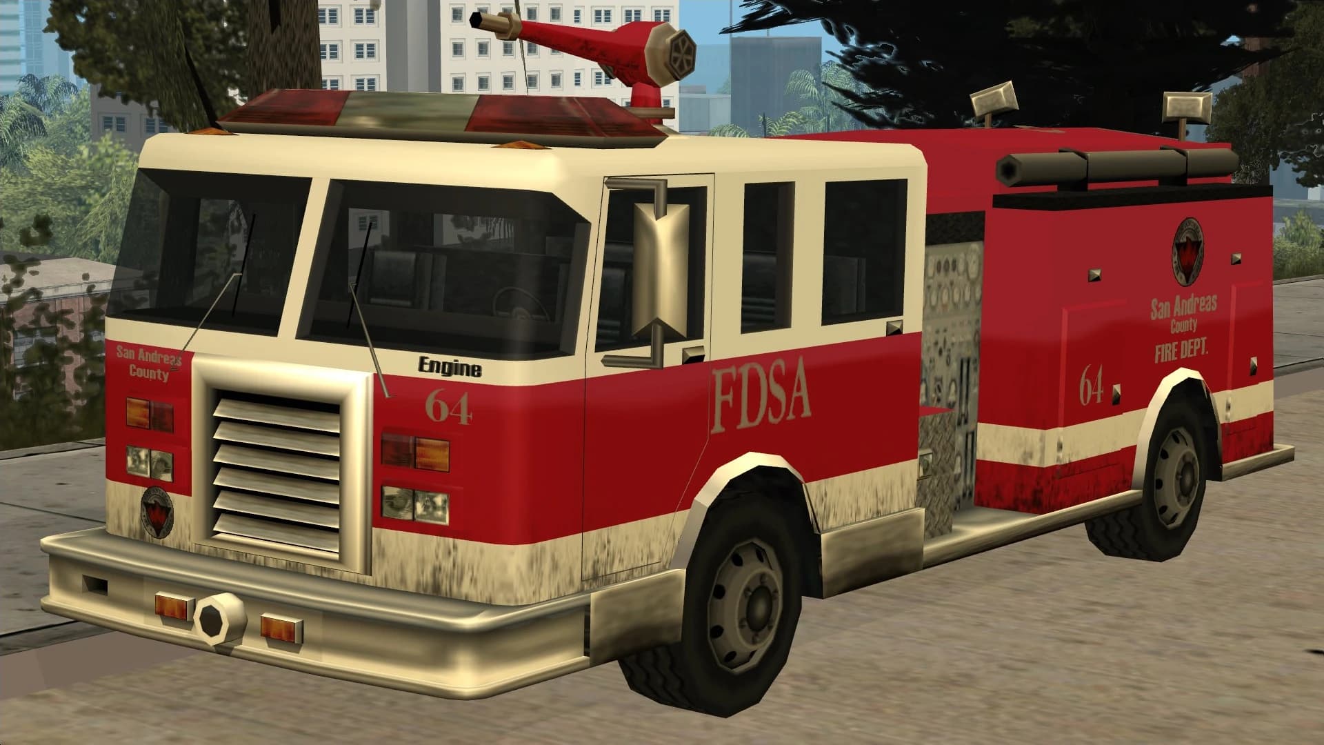 A San Andreas fire engine in county fire department livery, front three-quarter view.