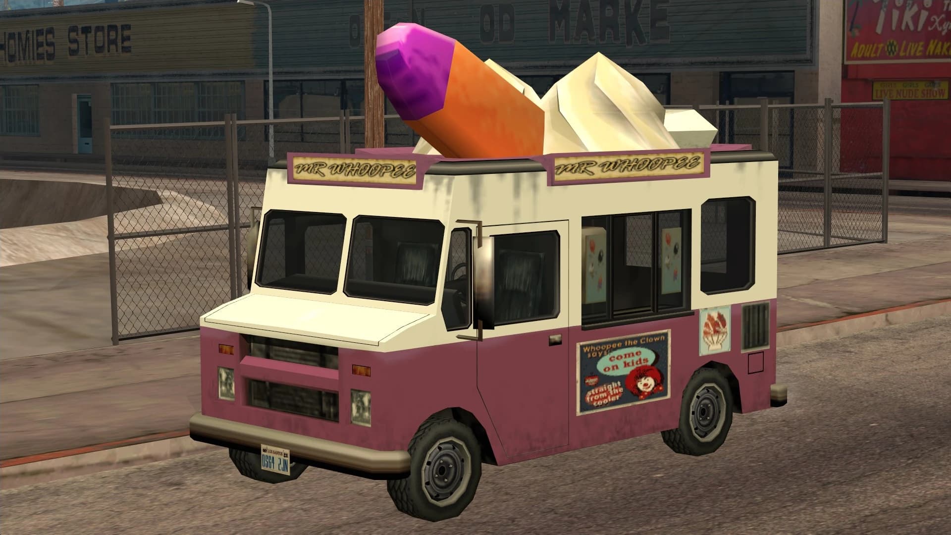 The Mr Whoopee, an ice cream van, front three-quarter view.