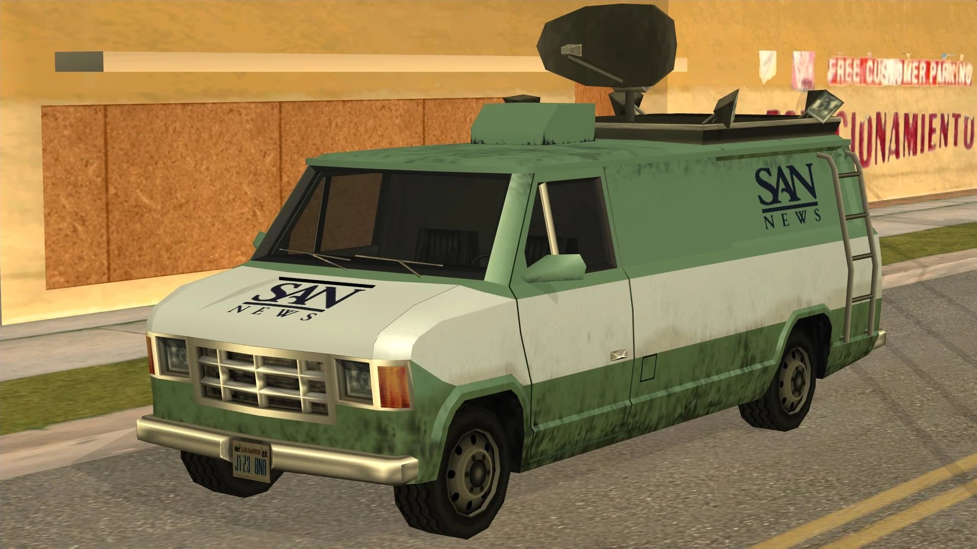 The Newsvan, a broadcast van with a roof-mounted satellite dish, front three-quarter view.