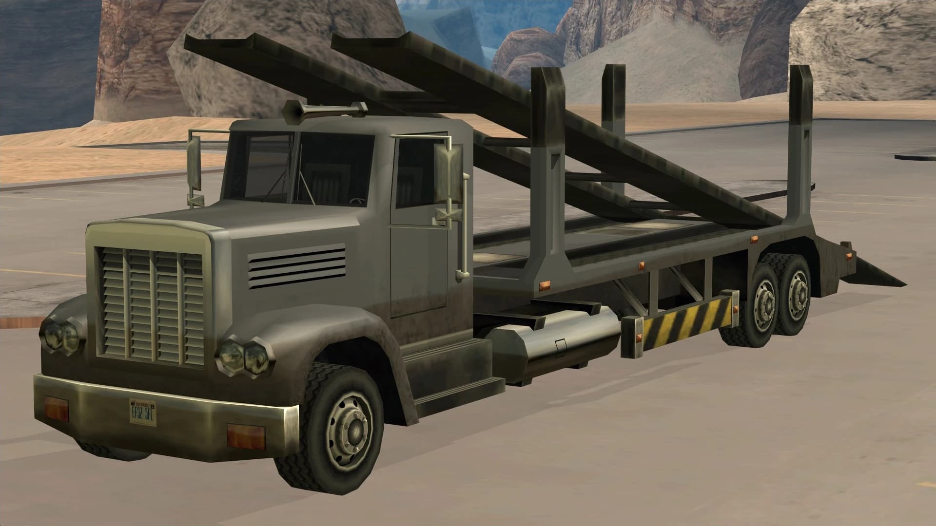 The Packer, a car-transporter lorry with a hydraulic ramp, front three-quarter view.