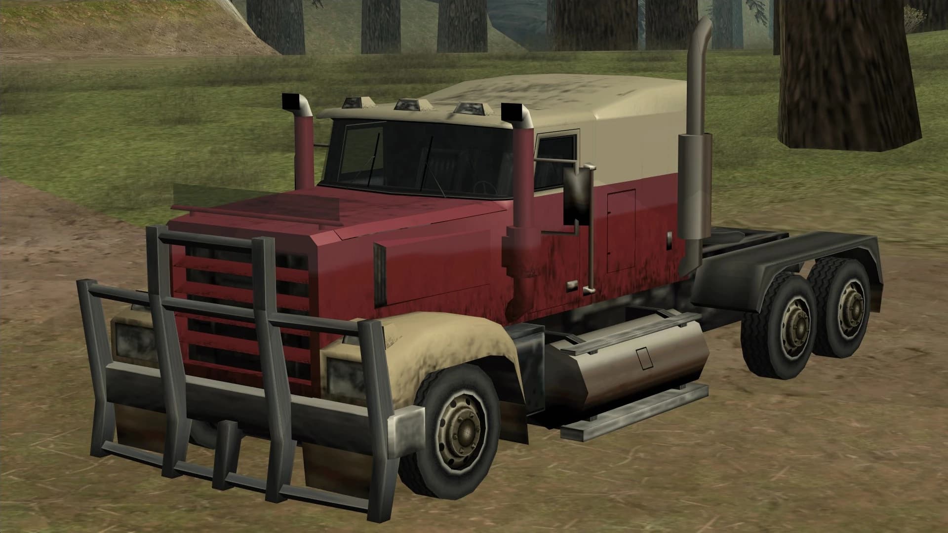 The Roadtrain, a long-nosed articulated lorry tractor unit, front three-quarter view.