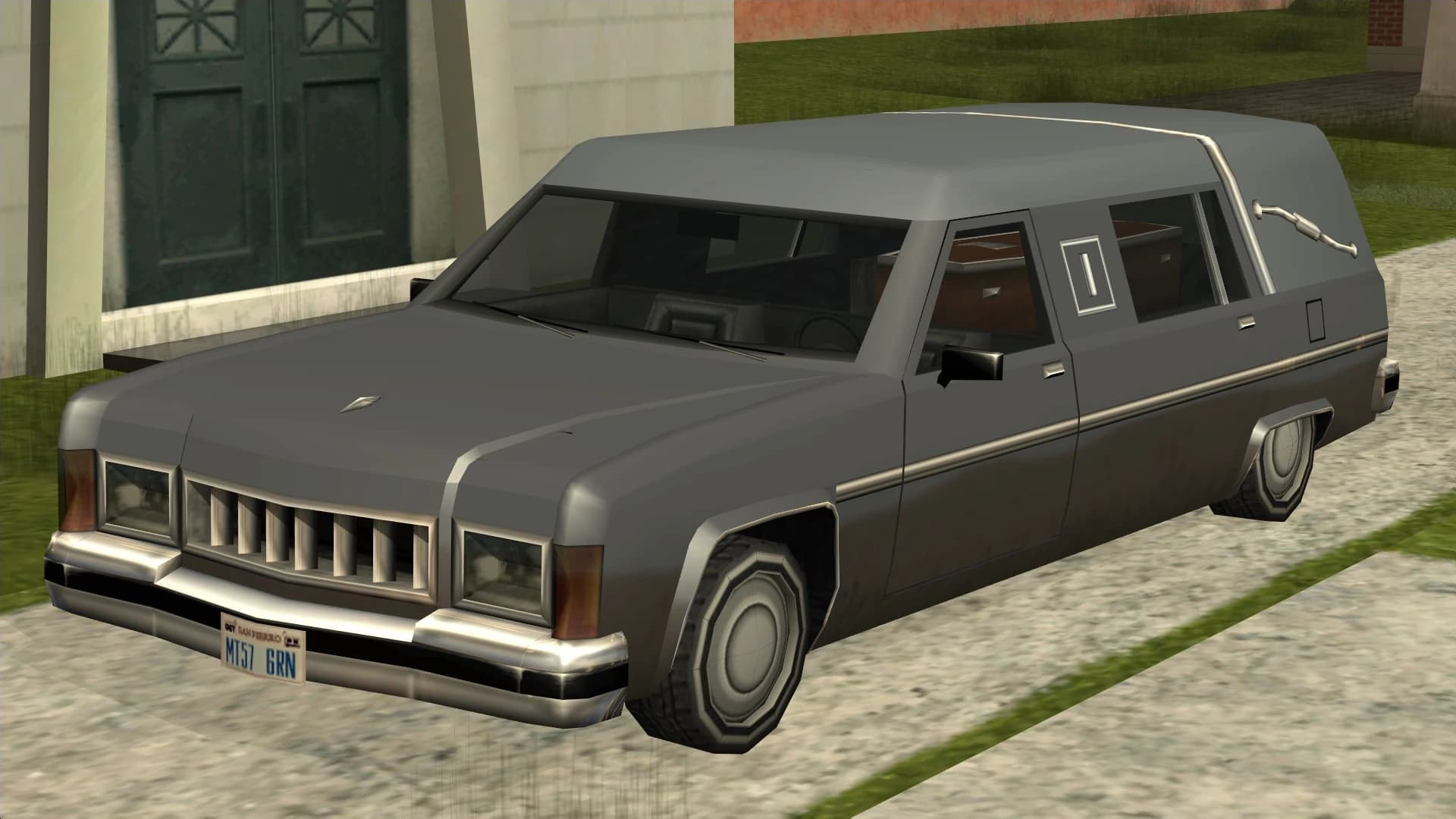 The Romero, a hearse with an extended rear body, front three-quarter view.
