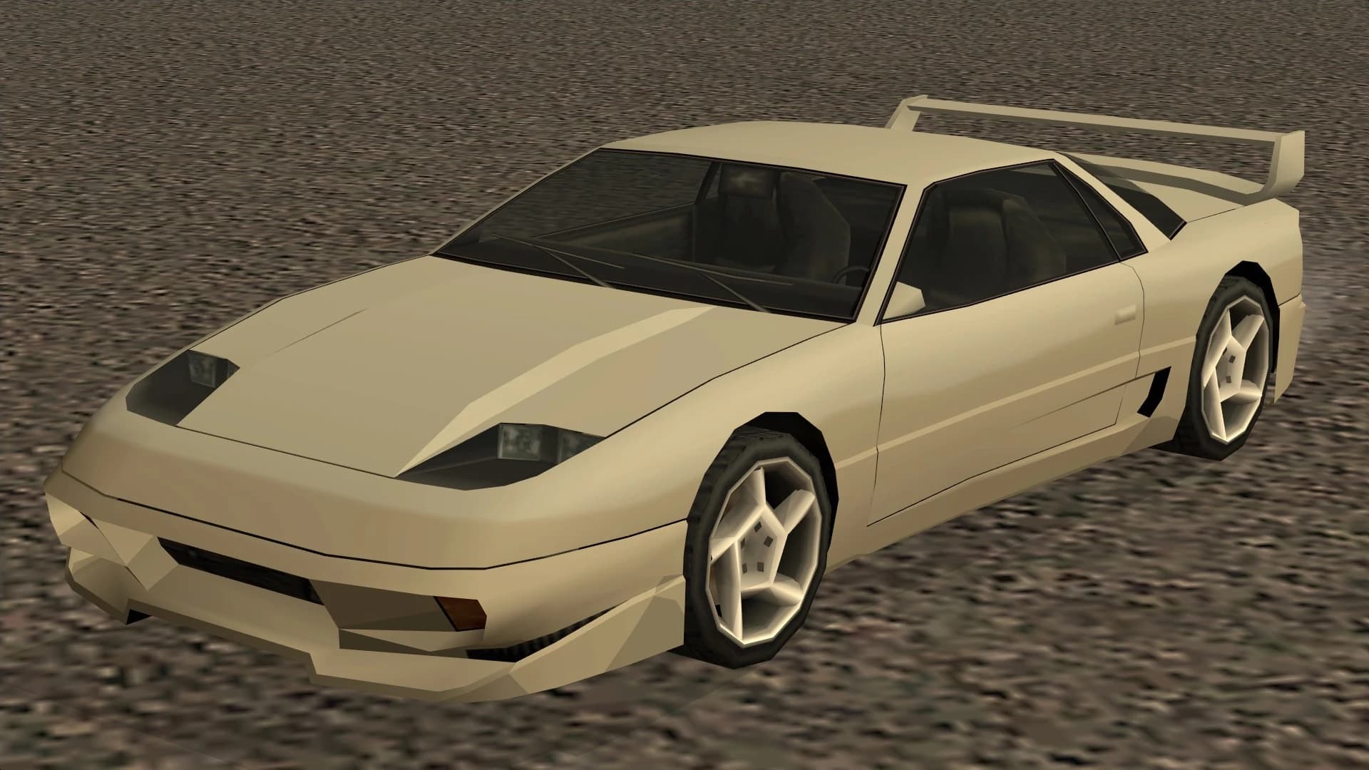The Super GT, a low two-door supercar with a rear wing, front three-quarter view.