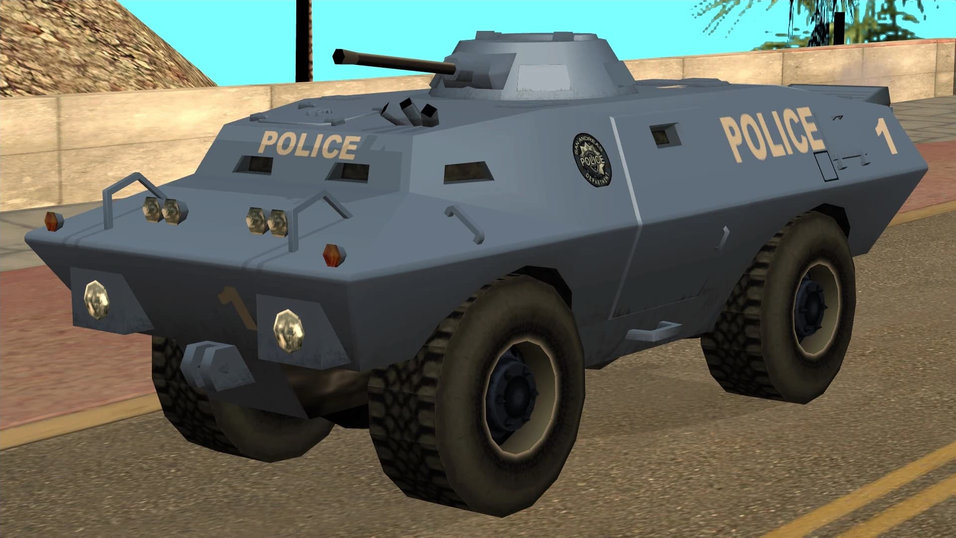 The SWAT Tank, an armoured police vehicle with a roof turret and water cannon, front three-quarter view.
