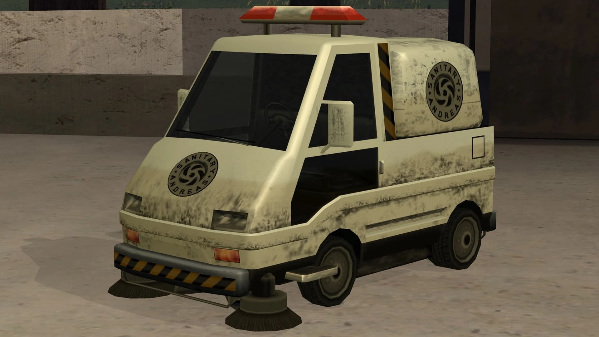 The Sweeper, a small municipal road-sweeping truck with rotating brushes, front three-quarter view.
