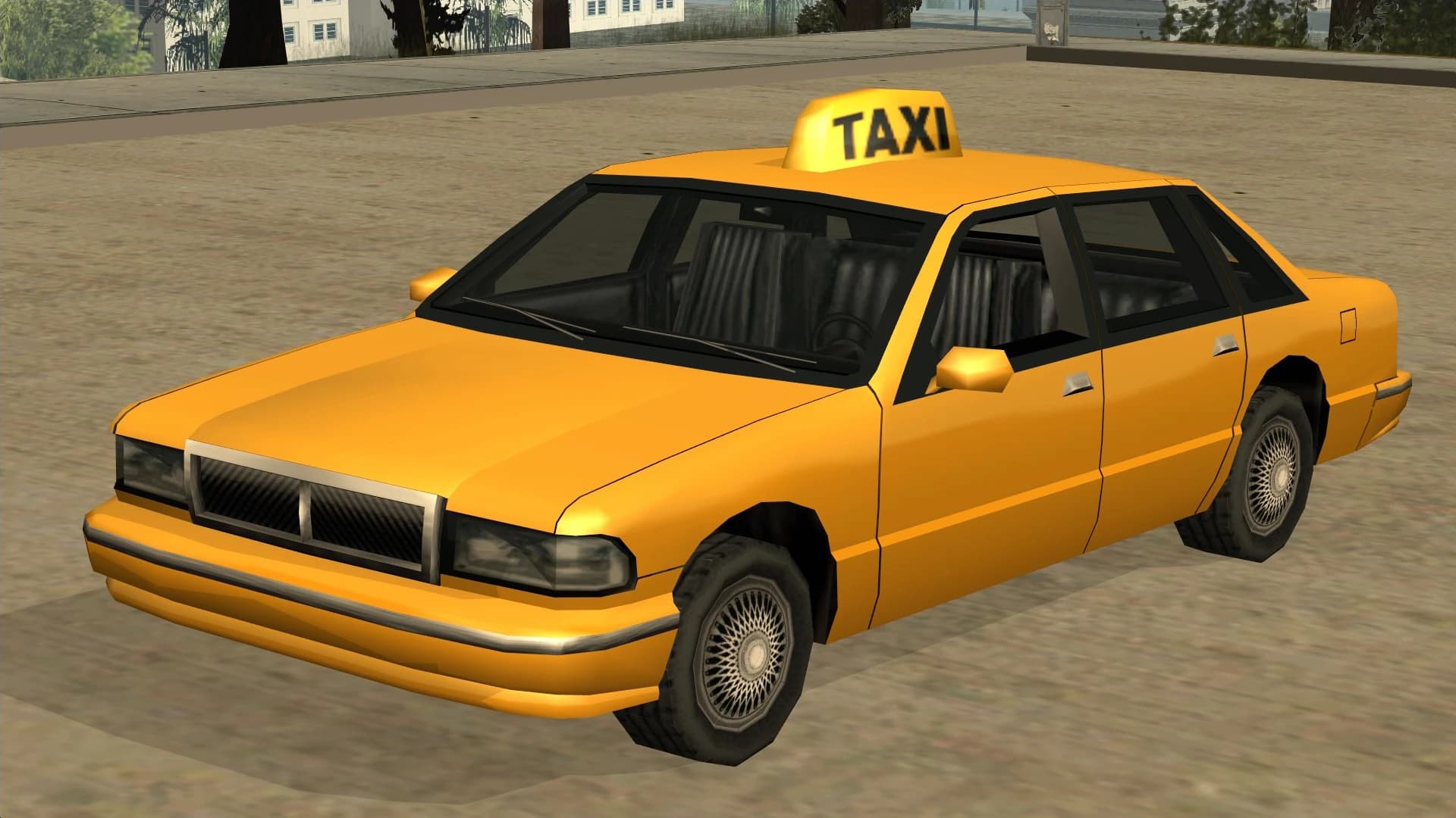The Taxi, a yellow four-door saloon with a roof sign, front three-quarter view.