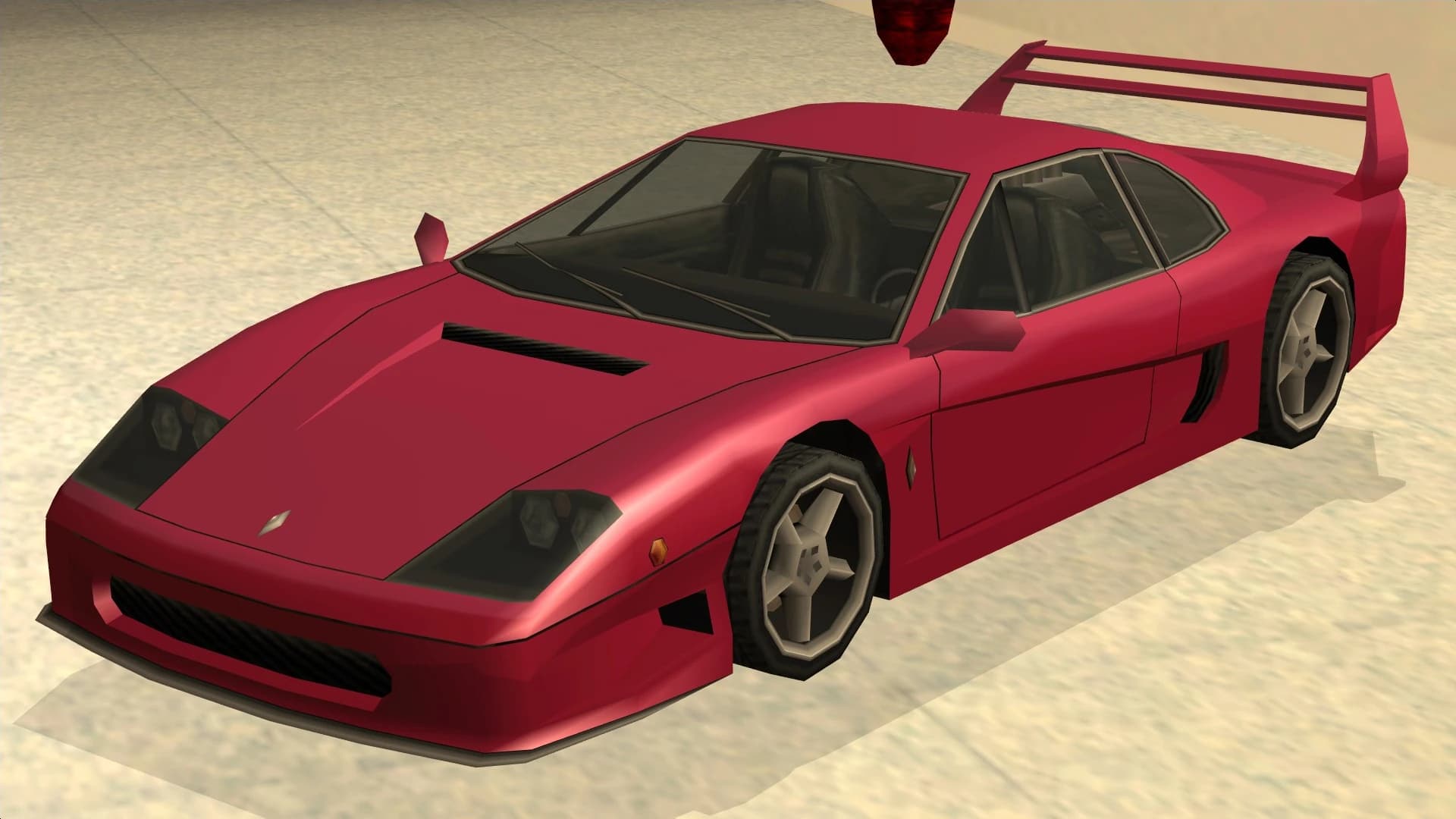 The Turismo, a low two-door supercar with a rear wing, front three-quarter view.