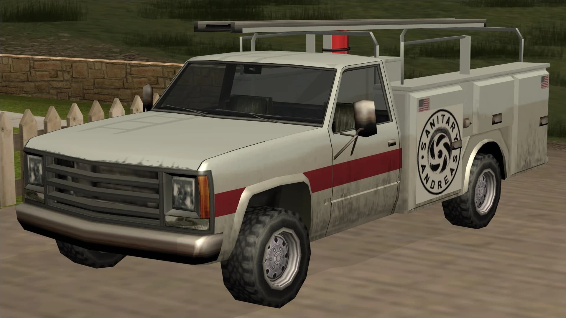 The Utility Van, a service pickup with a covered tool body and roof rack, front three-quarter view.