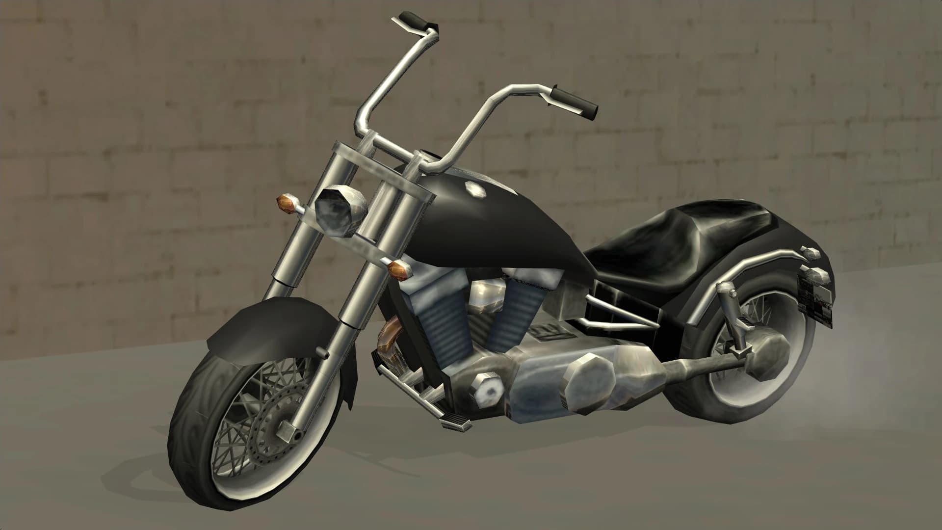 The Freeway, a black cruiser motorcycle with high handlebars, front three-quarter view.