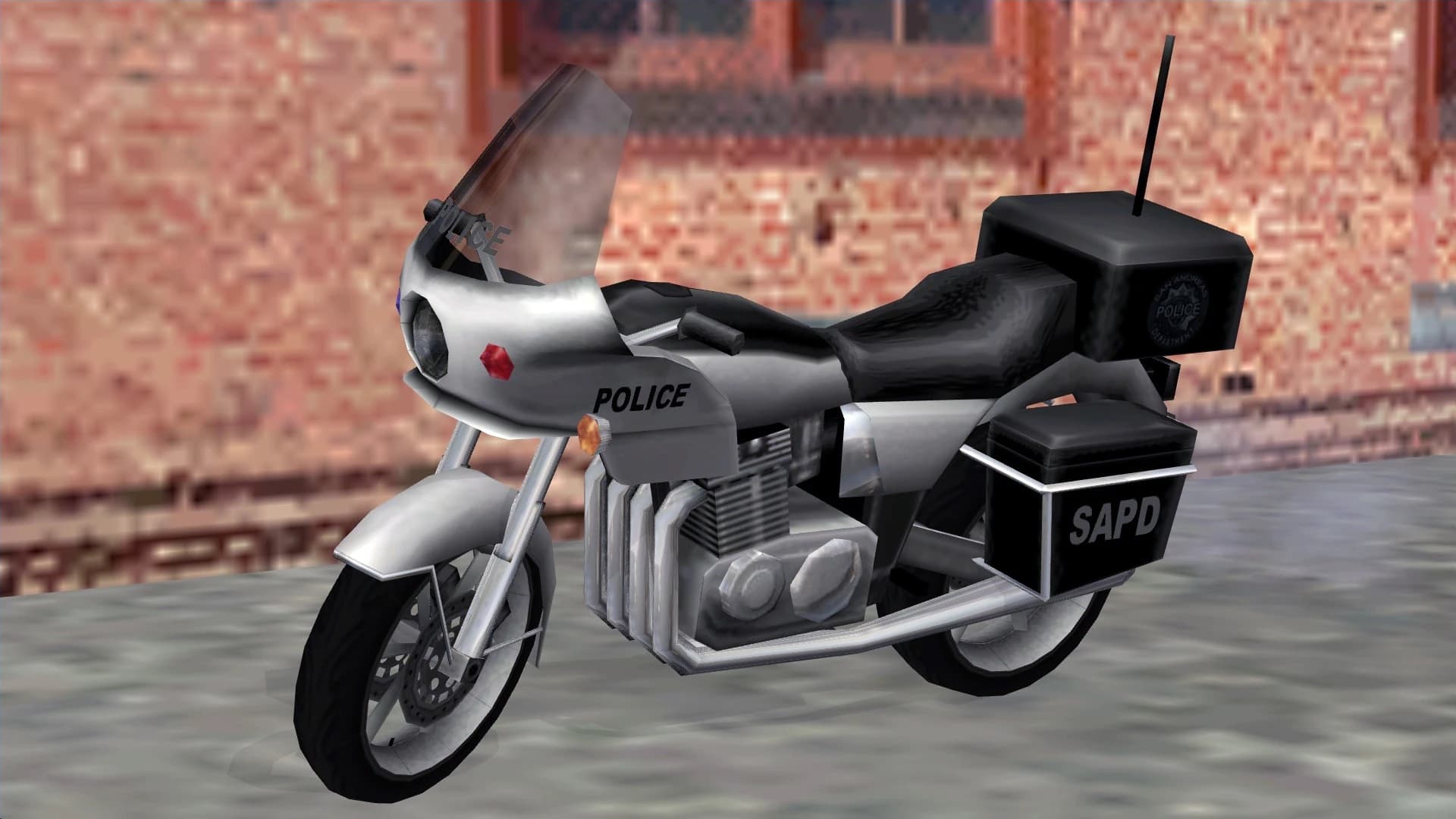The HPV-1000, a police motorcycle in San Andreas Police Department livery, front three-quarter view.