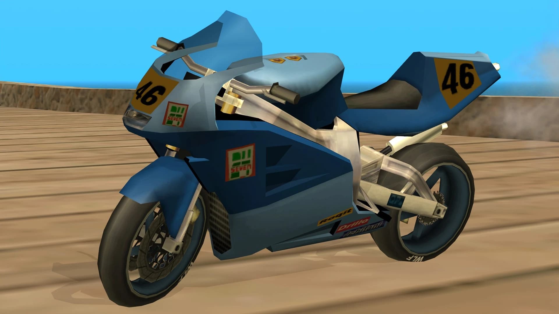 The NRG-500, a race-replica sports motorcycle in sponsor livery, front three-quarter view.