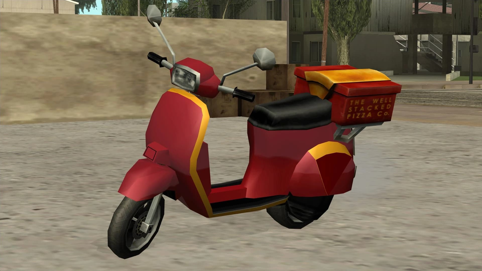 The Pizza Boy, a delivery scooter with a rear cargo box, front three-quarter view.