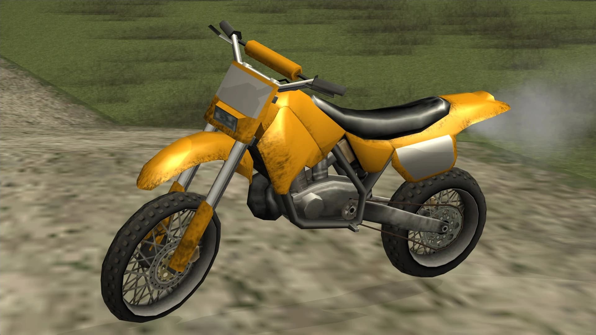 The Sanchez, a dirt bike on knobbly tyres, front three-quarter view.