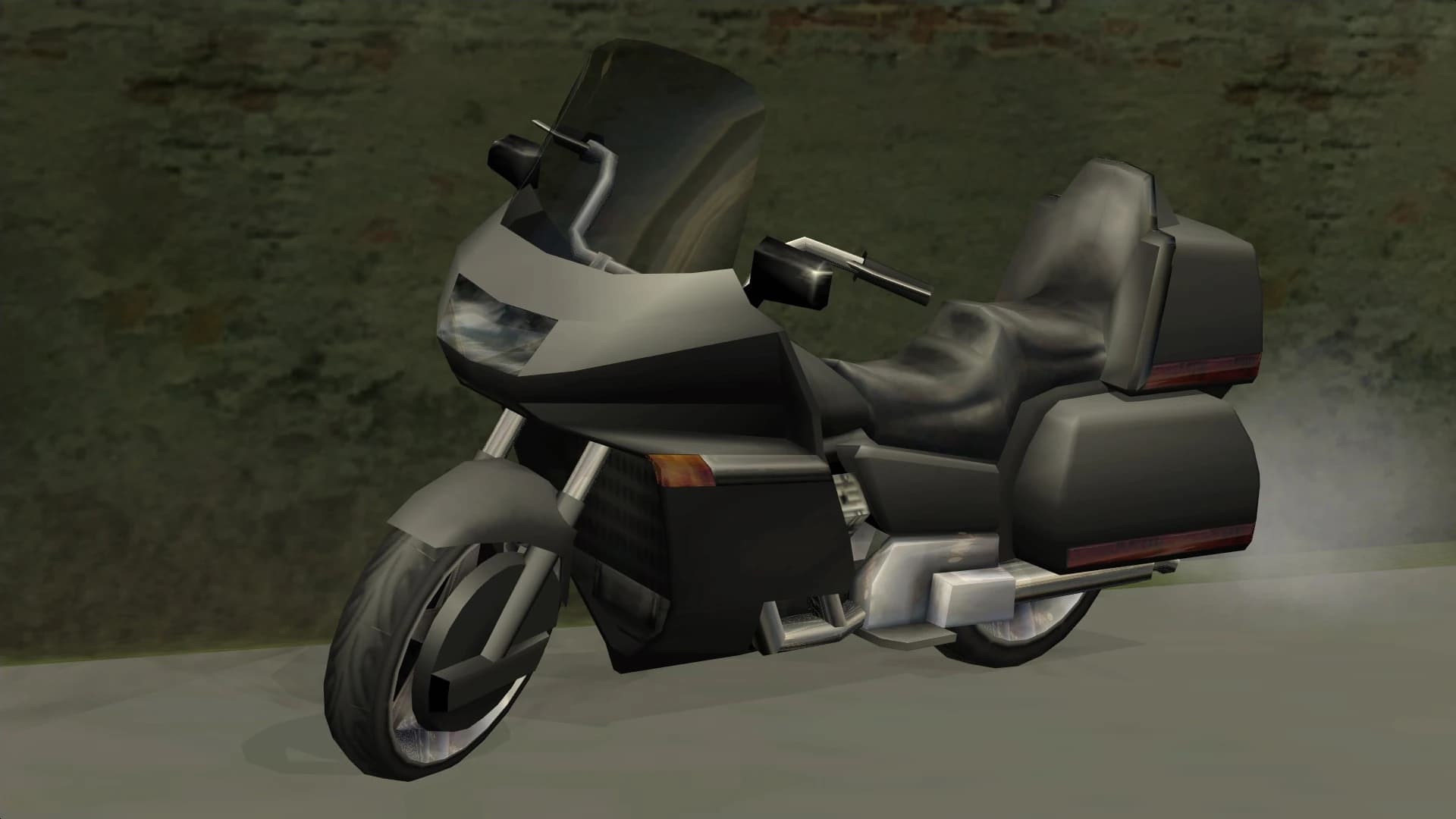 The Wayfarer, a touring motorcycle with panniers and a fairing, front three-quarter view.