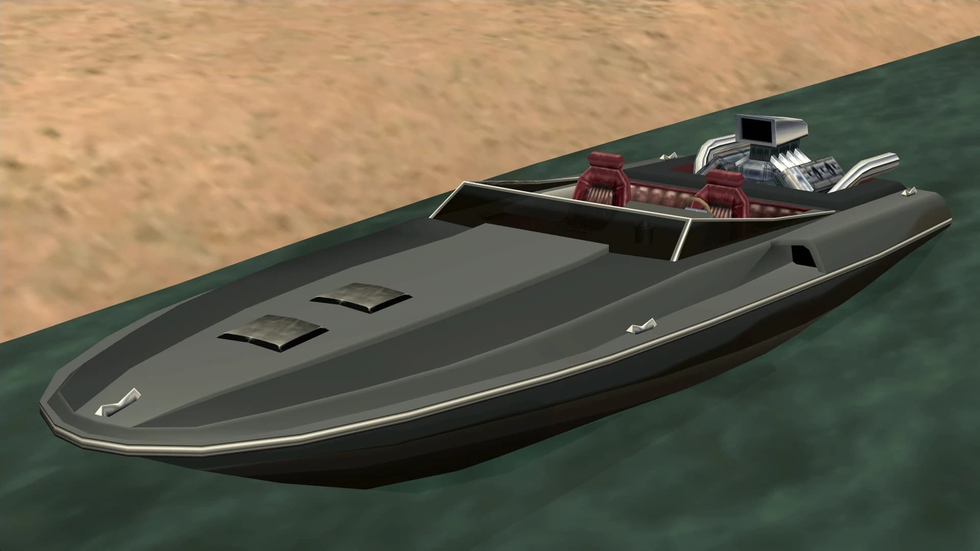 The Jetmax, a low-slung speedboat with an exposed engine, seen from above and to the front.