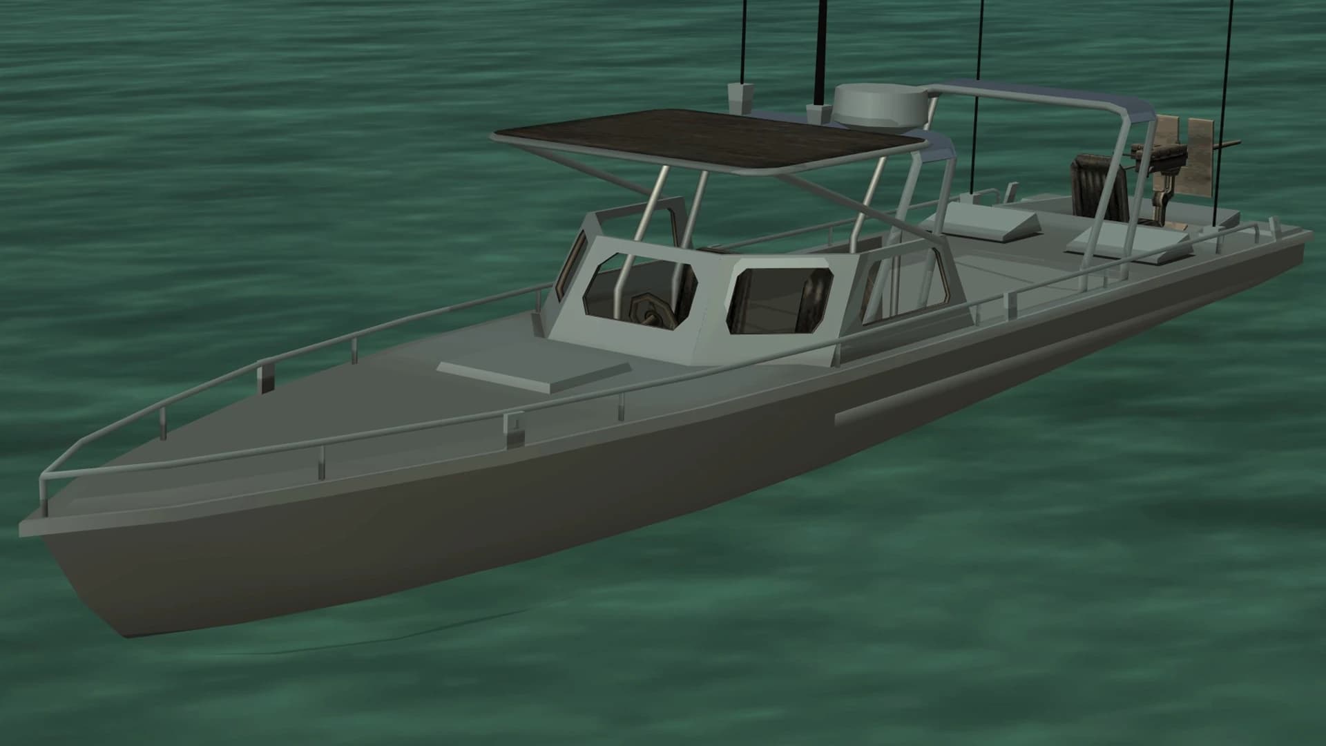 The Launch, a cabin patrol boat with a canopy over the stern, seen from above and to the front.