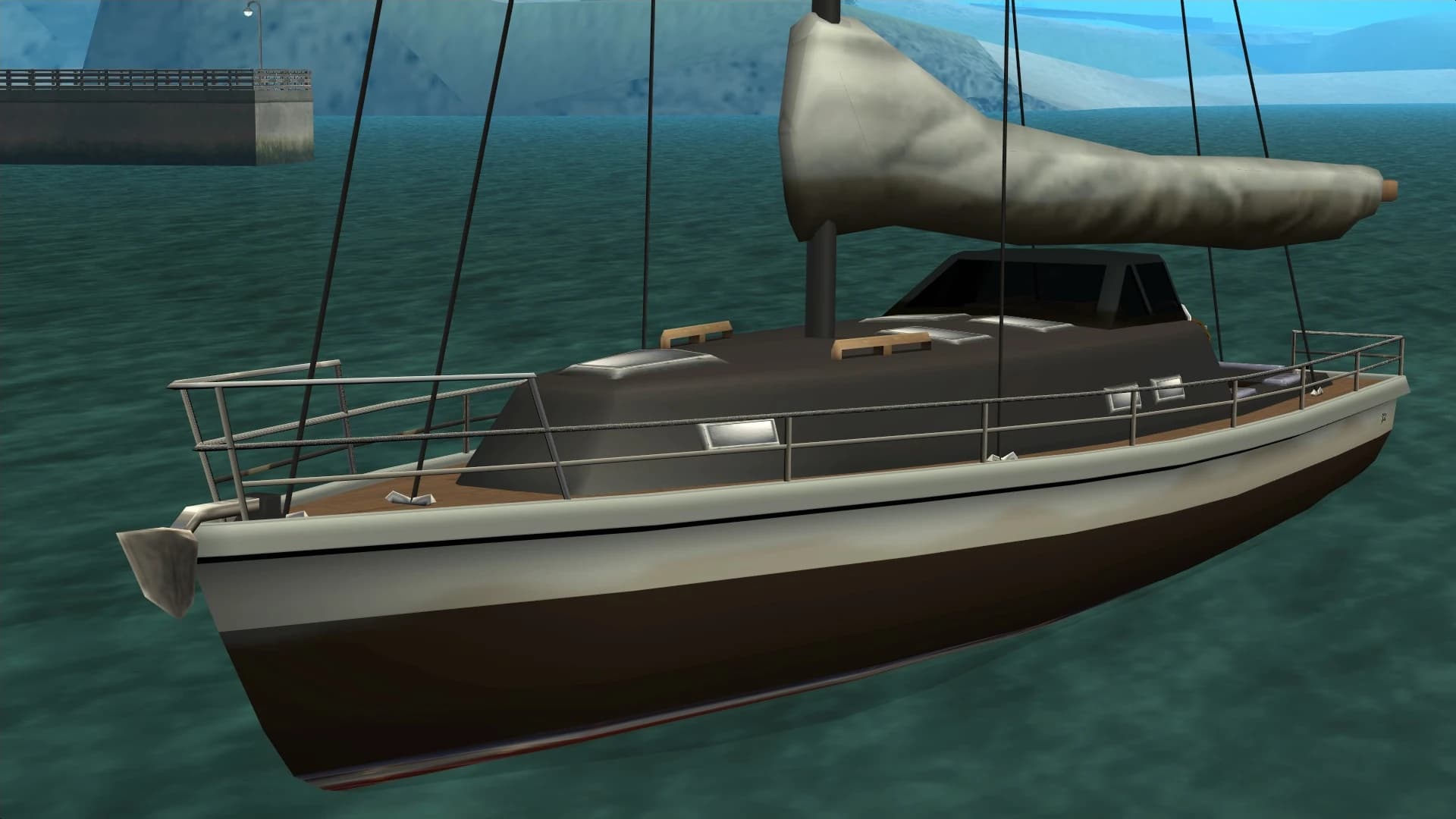 The Marquis, a single-masted sailing yacht, seen from above and to the front.