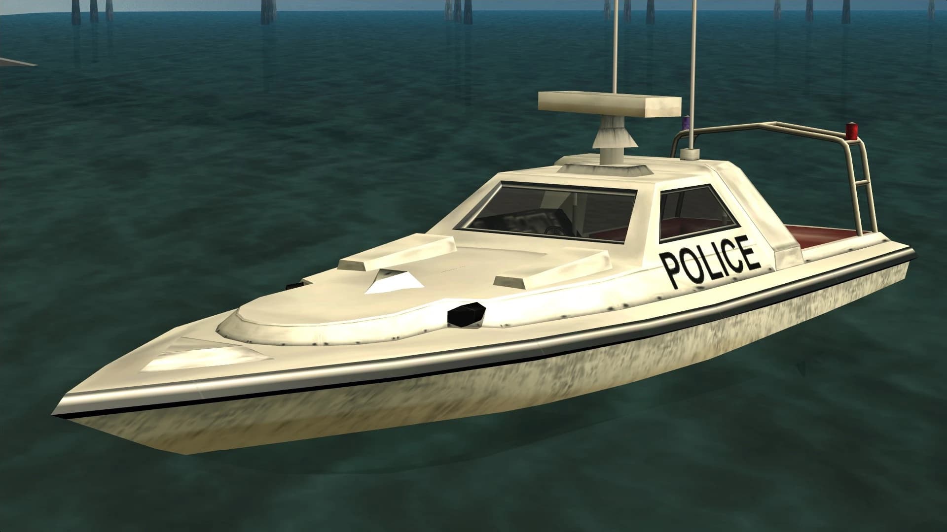The Predator, a police patrol boat marked POLICE, seen from above and to the front.