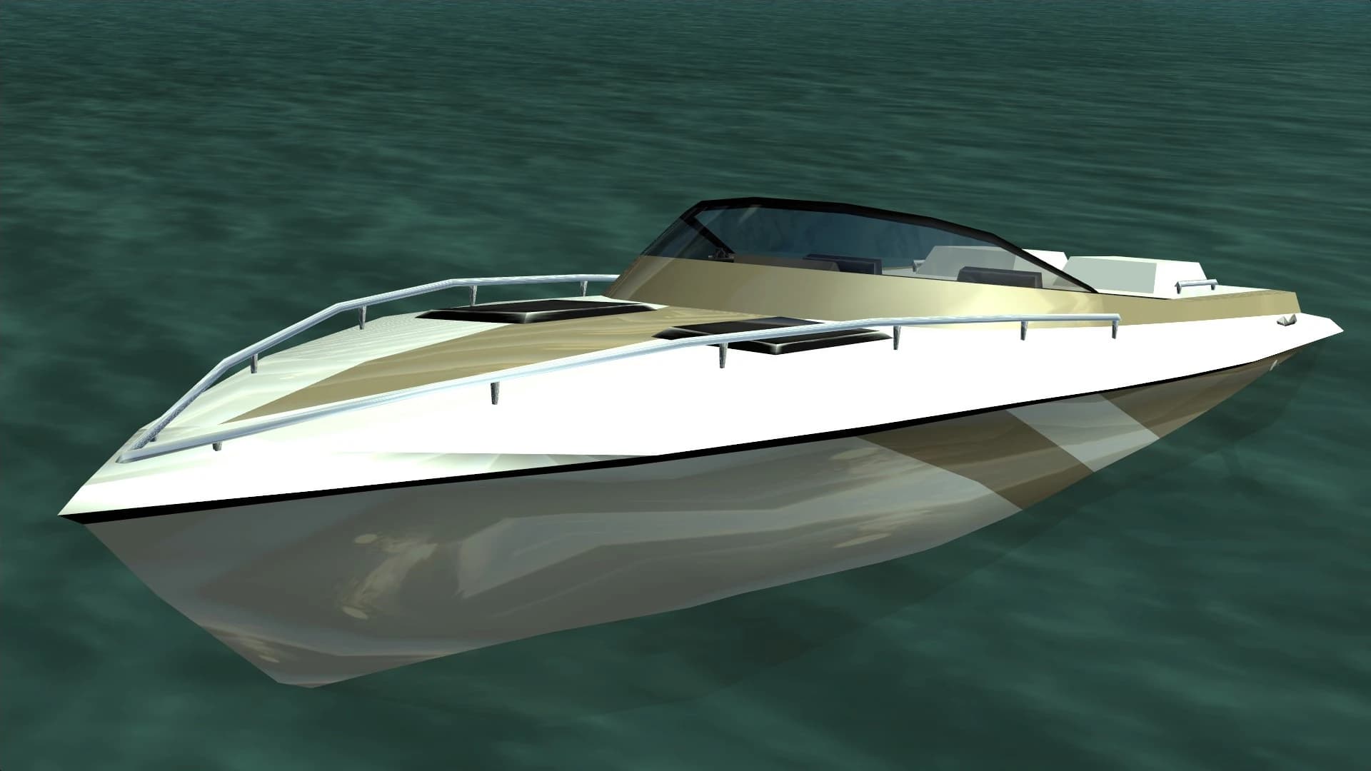 The Squalo, a sleek two-tone speedboat, seen from above and to the front.