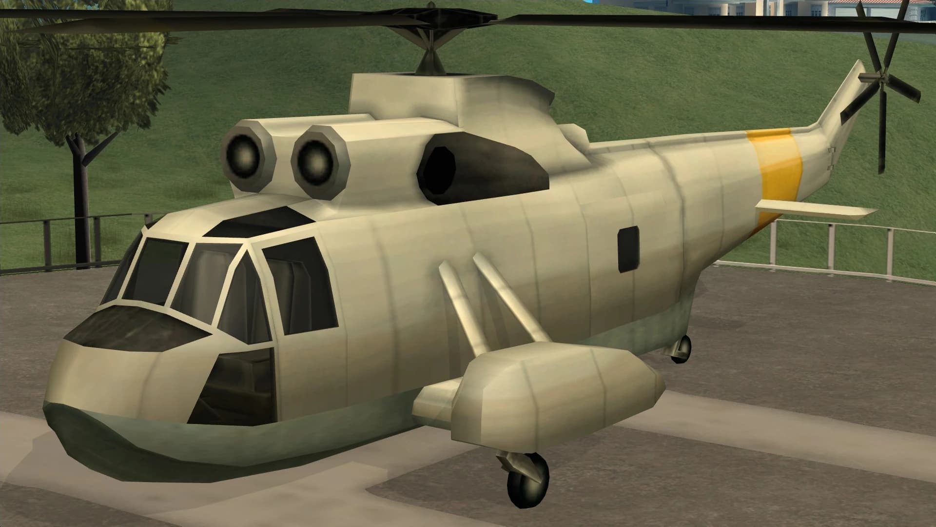 The Leviathan, a heavy-lift transport helicopter on a helipad, front three-quarter view.