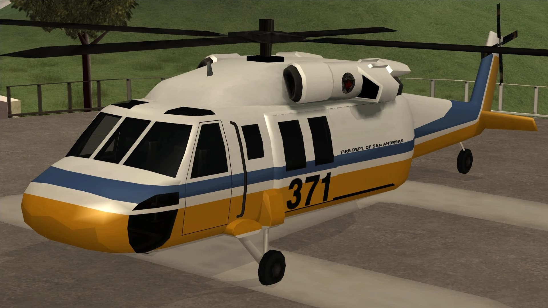 The Raindance, a utility helicopter in San Andreas fire department livery, on a helipad, front three-quarter view.