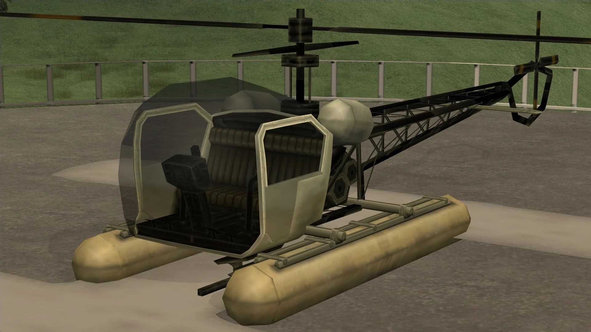 The Sea Sparrow, a small helicopter fitted with landing floats, front three-quarter view.