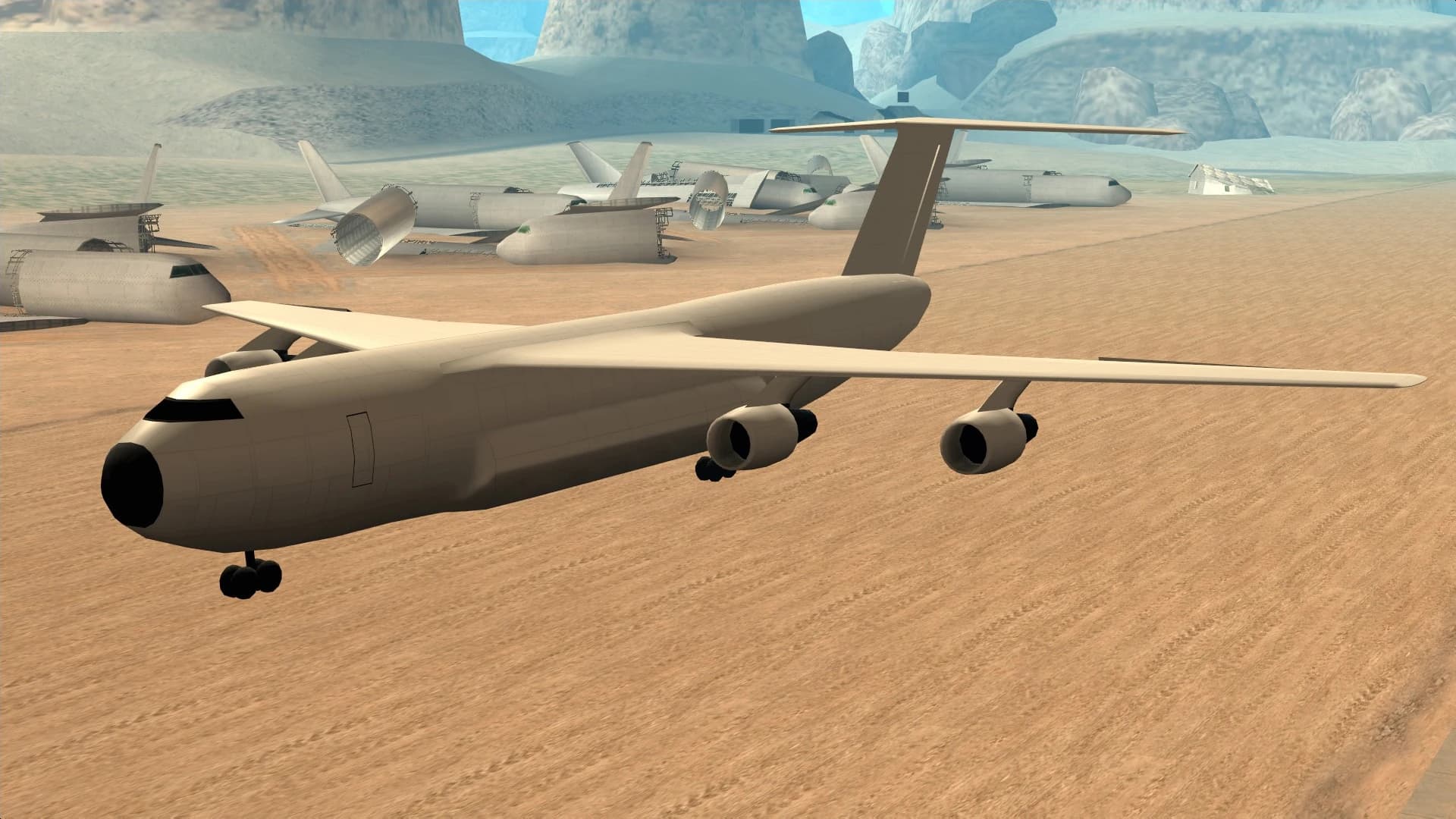 The Andromada, a four-engined military transport aircraft at the desert airstrip, side view.