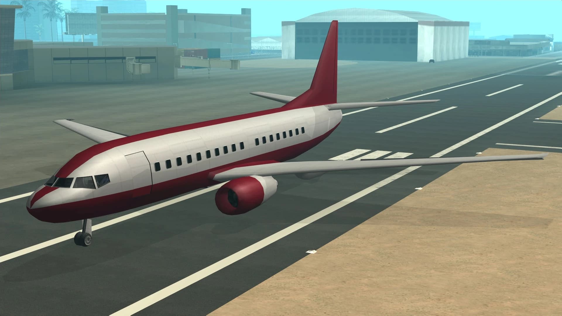 The AT-400, a twin-engined passenger airliner on the runway at Los Santos International, side view.
