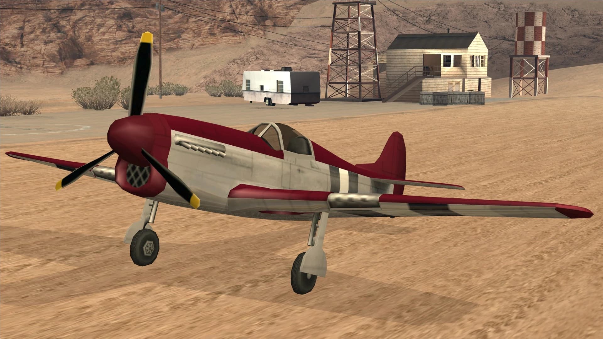 The Rustler, a single-propeller piston fighter aircraft, front three-quarter view.