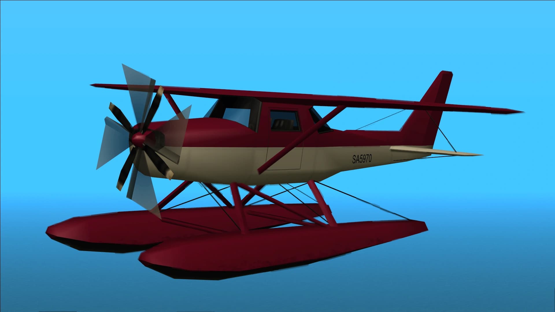 The Skimmer, a high-wing floatplane, side view over water.