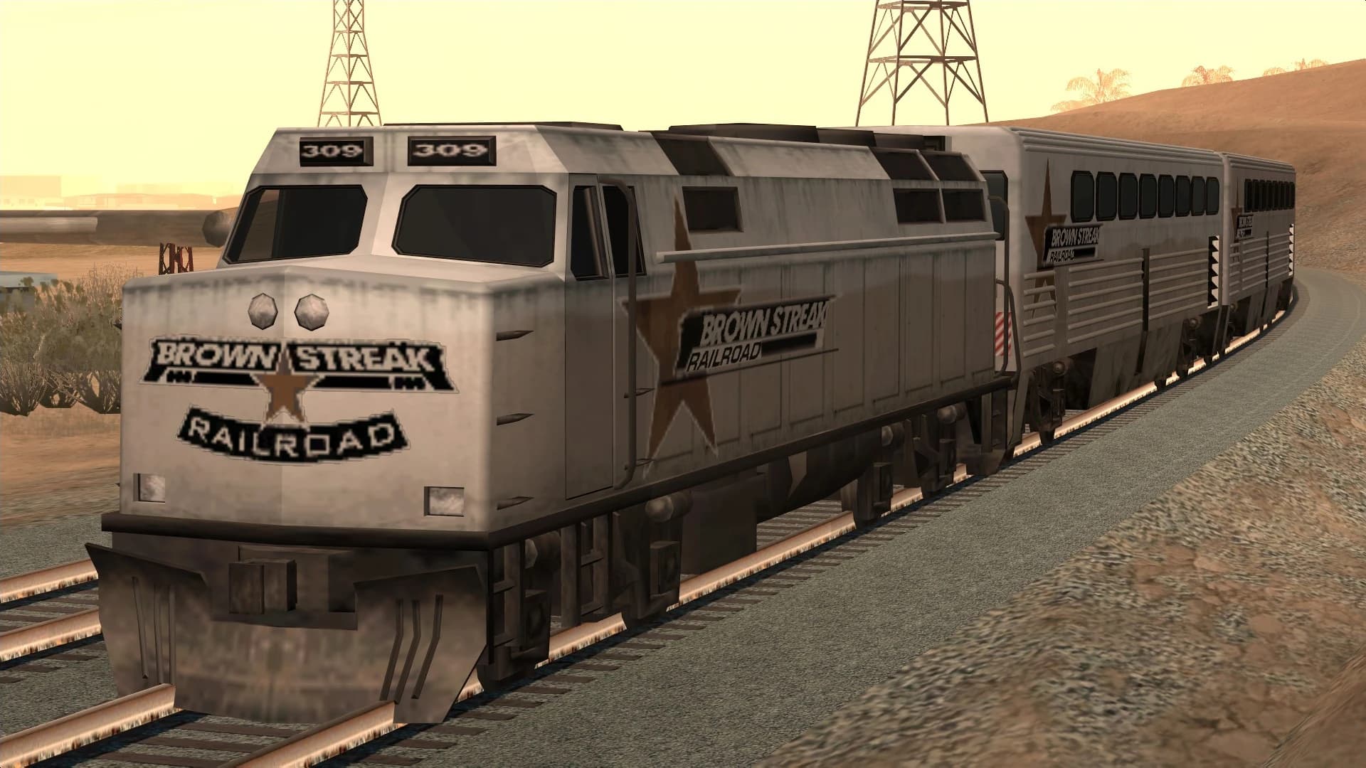 The Brown Streak, a passenger locomotive and carriages in Brown Streak Railroad livery, front three-quarter view.