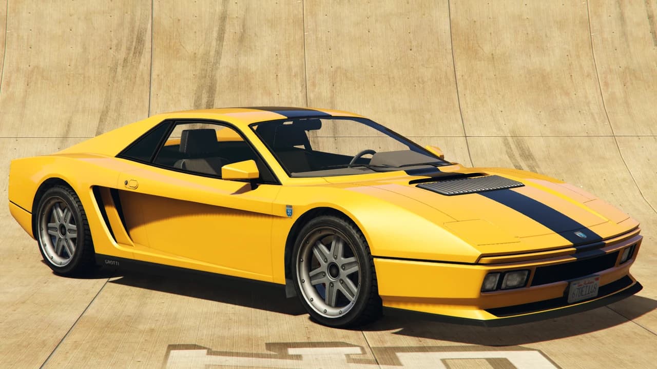 A yellow Grotti Cheetah Classic with a blue centre stripe, front three-quarter view.